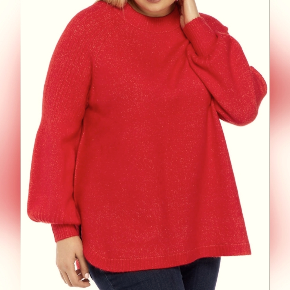 Ladies Plus 1X Crown & Ivy Balloon Sleeve Solid Sweater Red NWT